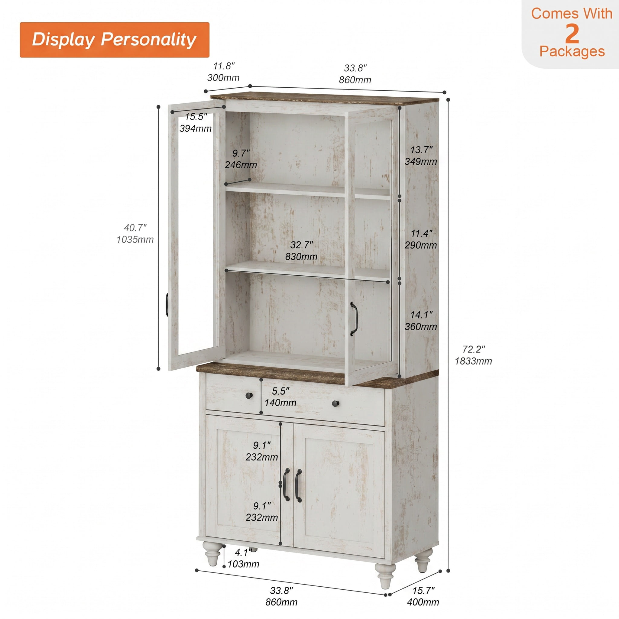 72"H × 34"W 5-Tier Farmhouse Wooden Library Bookcase with Glass Doors & Spacious Storage Cabinet, Freestanding Bookshelf for Living Room, Office & Kitchen, Rustic white