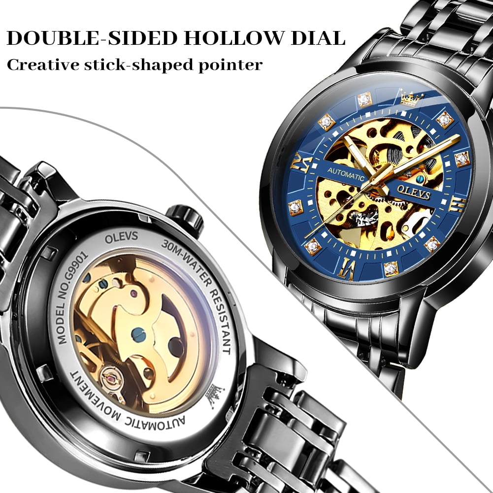 OLEVS Skeleton Watches for Mens Automatic Mechanical self Winding Diamond Luxury Business Dress Stainless Steel Waterproof Luminous Mens Wrist Watches Reloj Para Hombre Blue/White/Black/Gold Dial