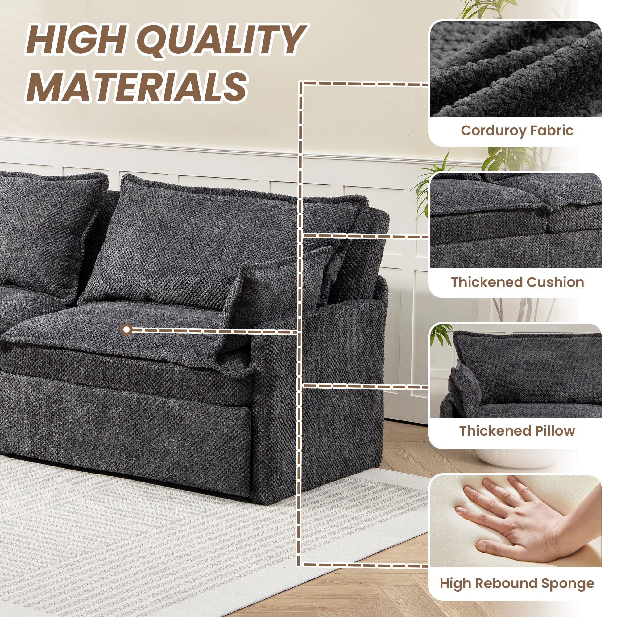 73.6'' Pull Out Sofa Bed, 3 in 1 Convertible Sleeper Loveseat Sofa, Pull Out Couch with USB Charging, Side Pockets for Living Room, Apartment, Small Spaces (Corduroy, Gray)