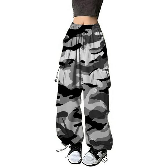 FEIFLY Womens Baggy Cargo Camo Print Pants Streetwear Hop Joggers Pants Sweatpants Drawstring Casual Loose Wide Leg Trousers Leisure Female Slacks