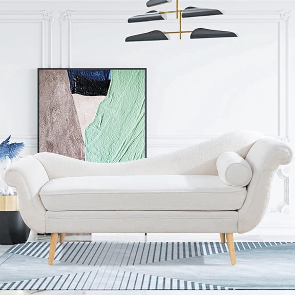 Chaise Lounge Indoor White Velvet 68" with Scroll Arms, Wave Back Lounge Chair for Bedroom, Living Room & Office