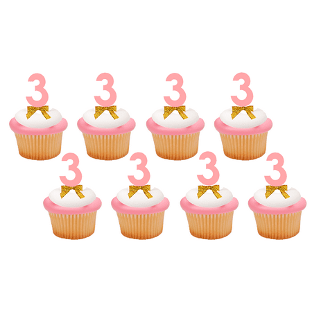 Anniversary Cupcake - 3rd Birthday / Anniversary Pink Number Cupcake Topper Picks with Bow -12pk