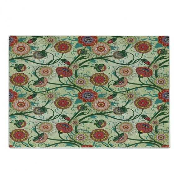 Floral Cutting Board, Vintage Colorful Ornamental Flowers and Leaves Fresh Spring Nature Art Illustration, Decorative Tempered Glass Cutting and Serving Board, Small Size, Multicolor, by Ambesonne