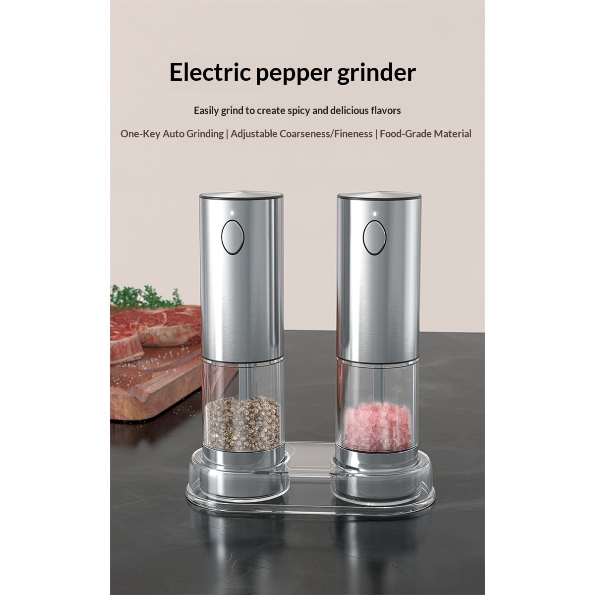 Upgraded Larger Capacity Electric Salt and Pepper Grinder Set, 95ml Rechargeable Salt and Pepper Shaker with LED light, Stainless Steel Automatic Pepper Mill with Adjustable Coarseness