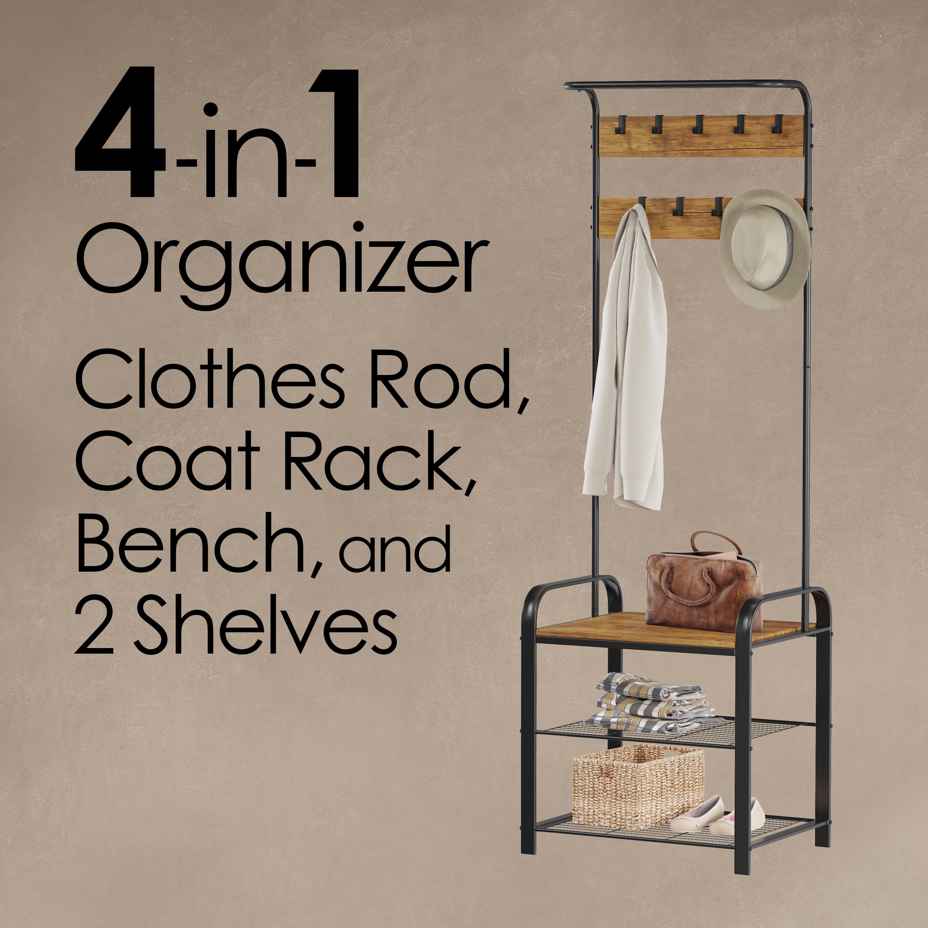 Lavish Home Entryway Bench with Coat Rack – Metal Hall Tree with Seat, Hooks, and Shoe Storage – Rustic Farmhouse Freestanding Mudroom Furniture