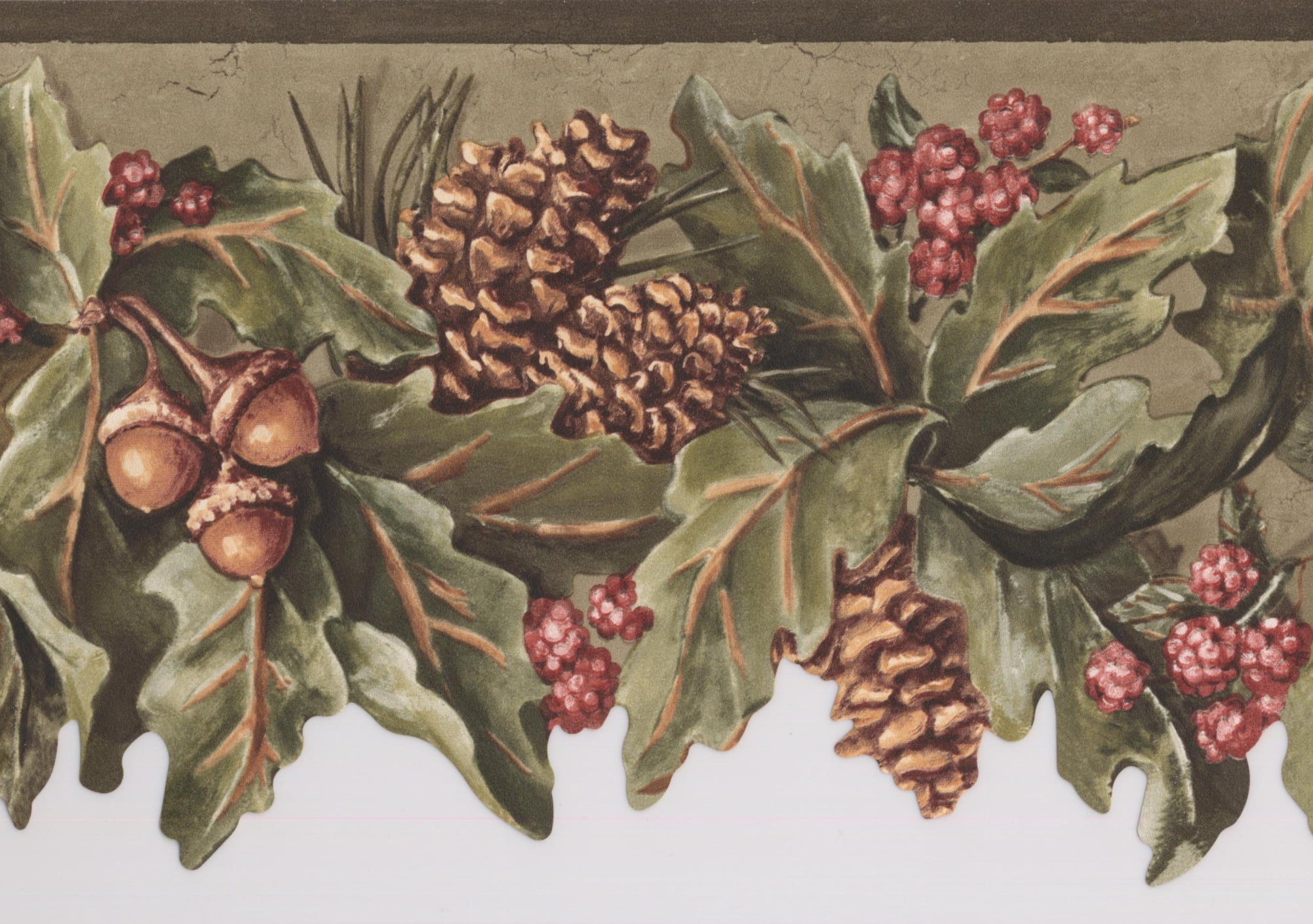Wallpaper Border - Pine Cones Acorns Purple Raspberries on Vine Olive