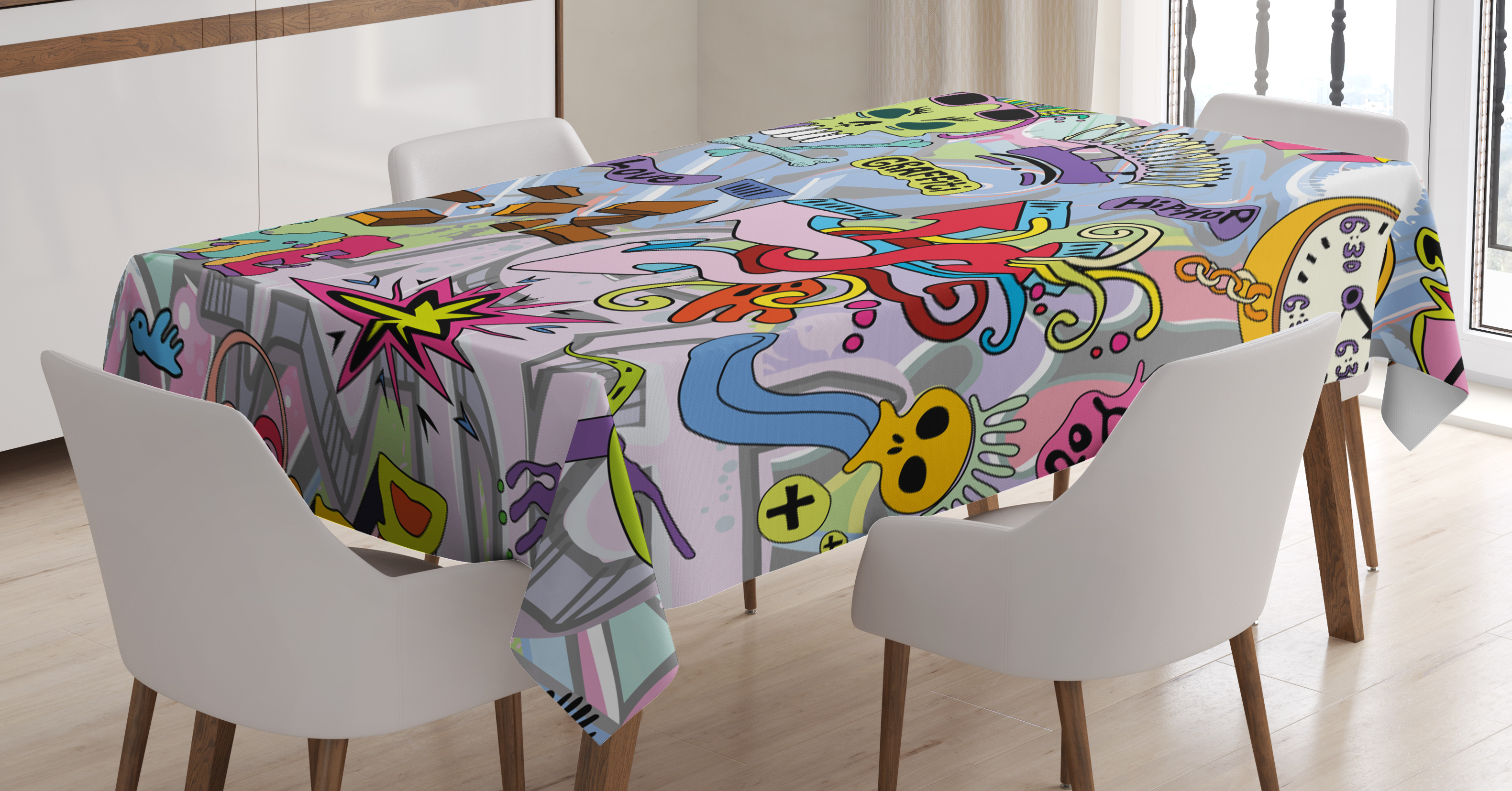 Art Tablecloth, HipHop Inspired Colorful Graffiti Doodle Crazy Love