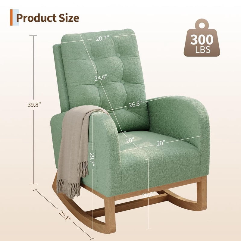 Rocking Chair for Nursery, Upholstered Glider Rocker with High Backrest and Padded Seat, Comfy Accent Armchair with Side Pocket for Bedroom, Living Room, Nursing Room