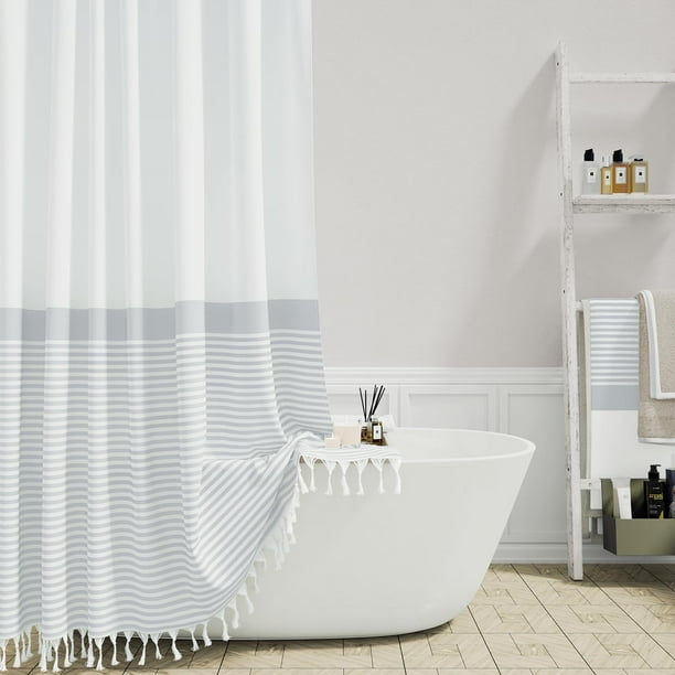 Dynamene Stall Cortina De Ducha De Tela De 60 Pulgadas Moderna Casa De Campo Gris Y Blanco Boho Cortina De Ducha De Tela A Rayas Con Borlas Hotel Juego De Cortinas De Ducha De Baño De Lujo Con 10 Ganc