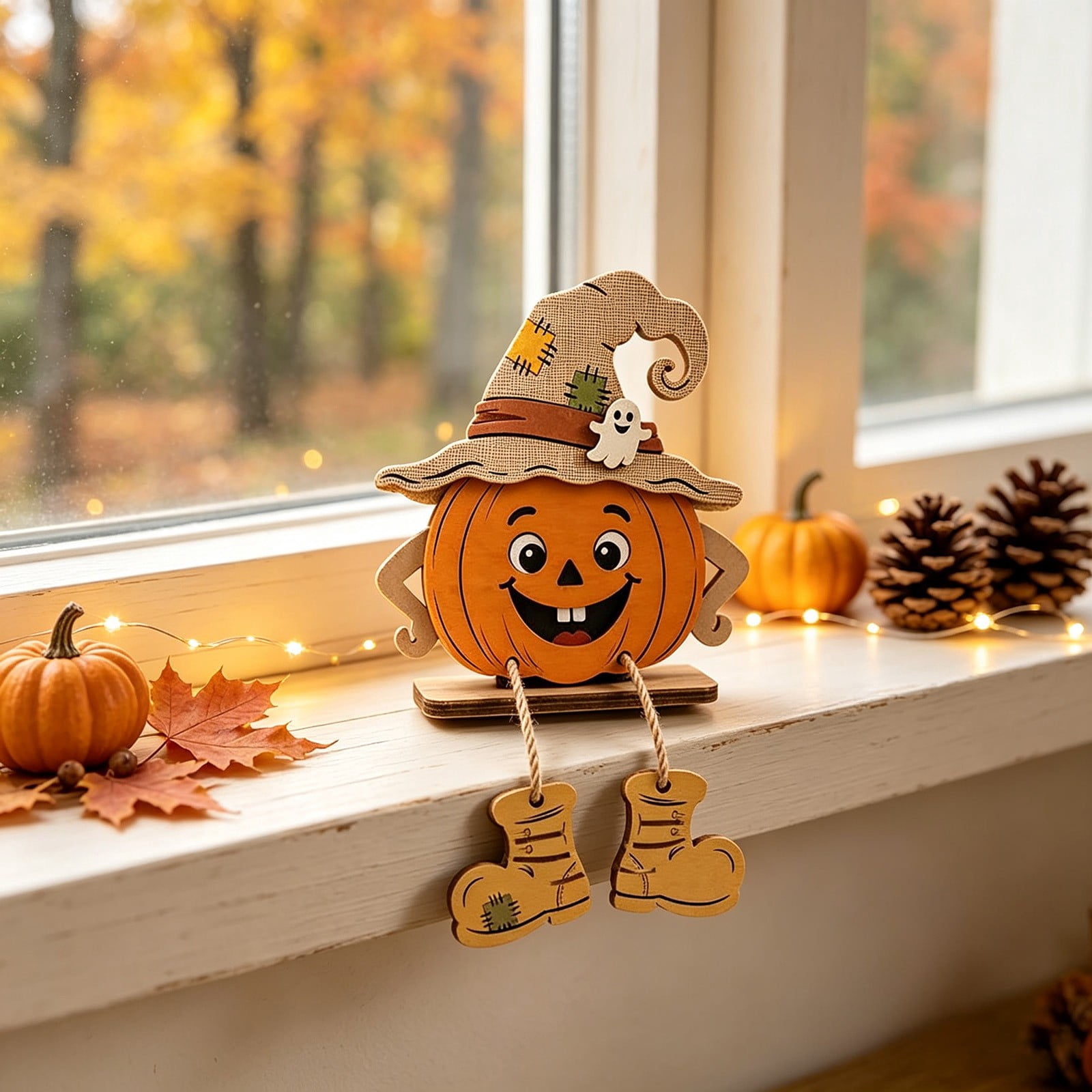 Wooden Halloween Pumpkin Decoration 6 in - Natural Wood Tabletop Ornament Sign Accent Display for Fireplace Mantel Shelf Tiered Tray Fall Harvest Decor Accent