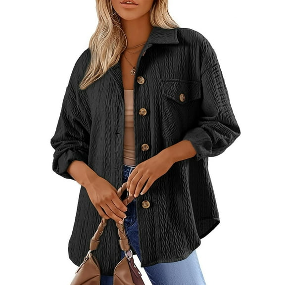 Oversized Cable Knit Shacket Shirts for Womens Button Down Long Sleeve Work Blouses Fall Fashion Tops Black S
