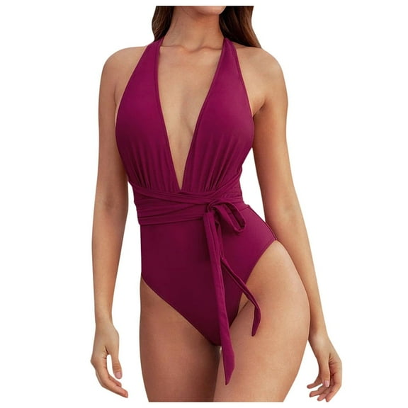 DOPI Women‘s Sexy Plunging Neckline Solid Lace Up Crisscross Back One Piece Swimsuit