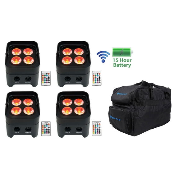(4) Rockville BEST PAR 50 Rechargeable Par Wash Lights Wireless DMX RGBWA UV Bag