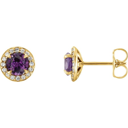 - 14k Yellow Gold Gem Quality Chatham® Created Alexandrite & 1/6 Ct Diamond Halo Stud Earring Pair