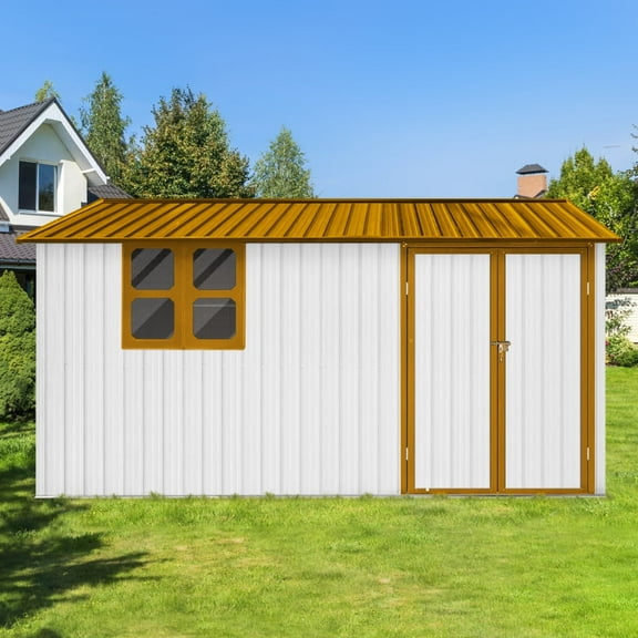 Chic 10ft x 12ft White & Yellow Metal Garden Shed with Window – The Perfect Outdoor Storage Shed! Spacious and Durable, Ideal for Storing Tools and Garden Supplies!