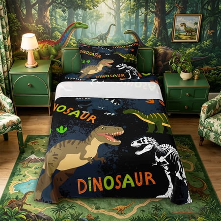 Metsweet Cartoon Dino Twin Sheets 3pcs Graffiti Dinosaur Skeleton Bedding Brown Black White 1 Fitted Sheet 1 Flat Sheet and 1 Pillowcase