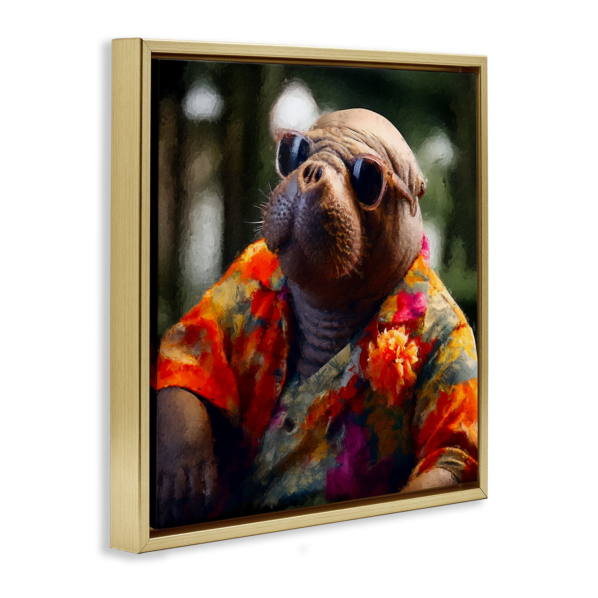 Stupell Industries Manatee with Aloha Shirt Animals & Insects Painting Gold Floater Framed Canvas Art Print Wall Art, 18 x 18