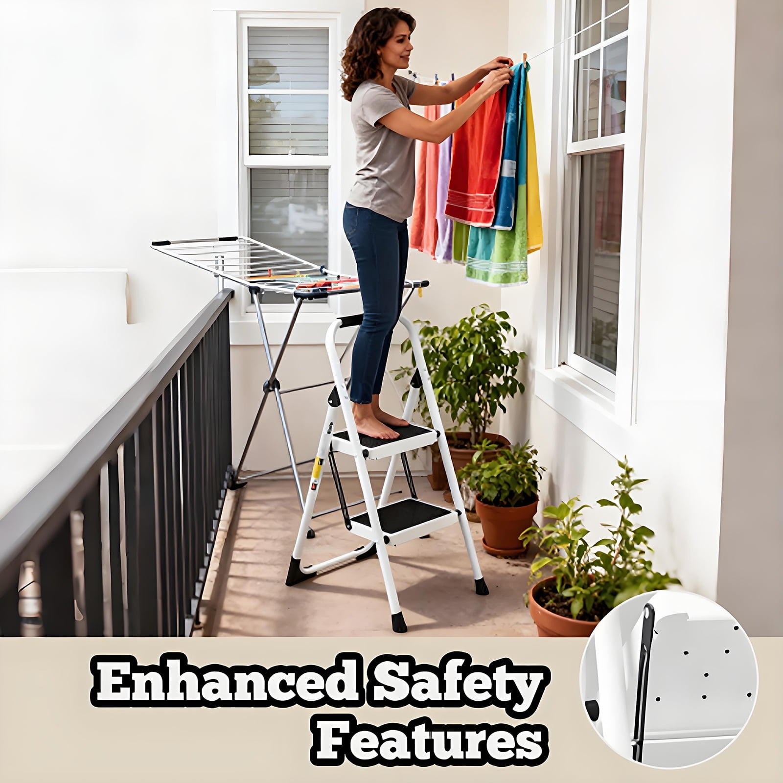5-Step Foldable Step Ladder Stool with anti slip wide pedals, lightweight and easy to carry handle folding ladder, multi-purpose steel ladder for Kitchen, Household, 330LBS