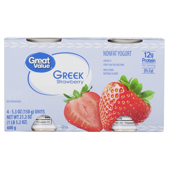 Great Value Strawberry Nonfat Greek Yogurt, 5.3 oz, 4 Cups