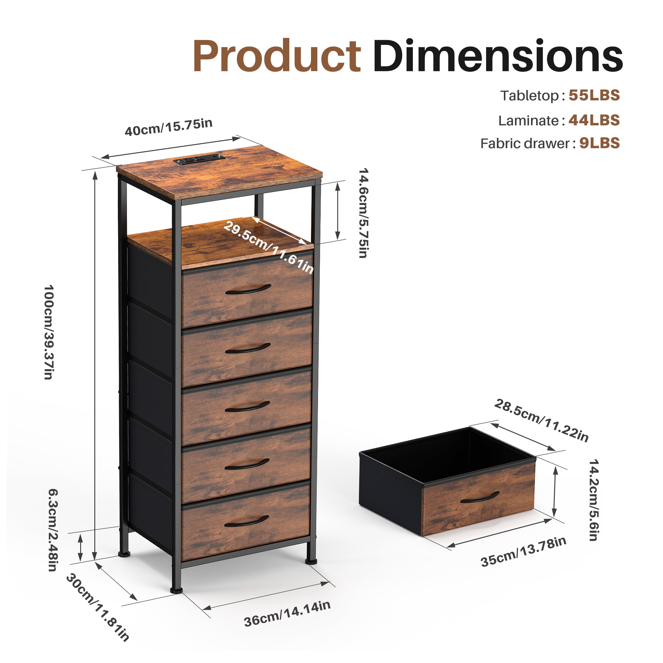 CONCETTA 5 Fabric Drawers Nightstand with Charging Station, USB/Type-C Ports, Adjustable Feet, Bedroom, Rust Brown