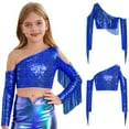thumbnail image 5 of Miutii Girls One-Shoulder Sequins Dance Tops Tassel Sparkle Long Sleeve Crop Top Performance Outfits for 5-16 Years Royal Blue 8, 5 of 7
