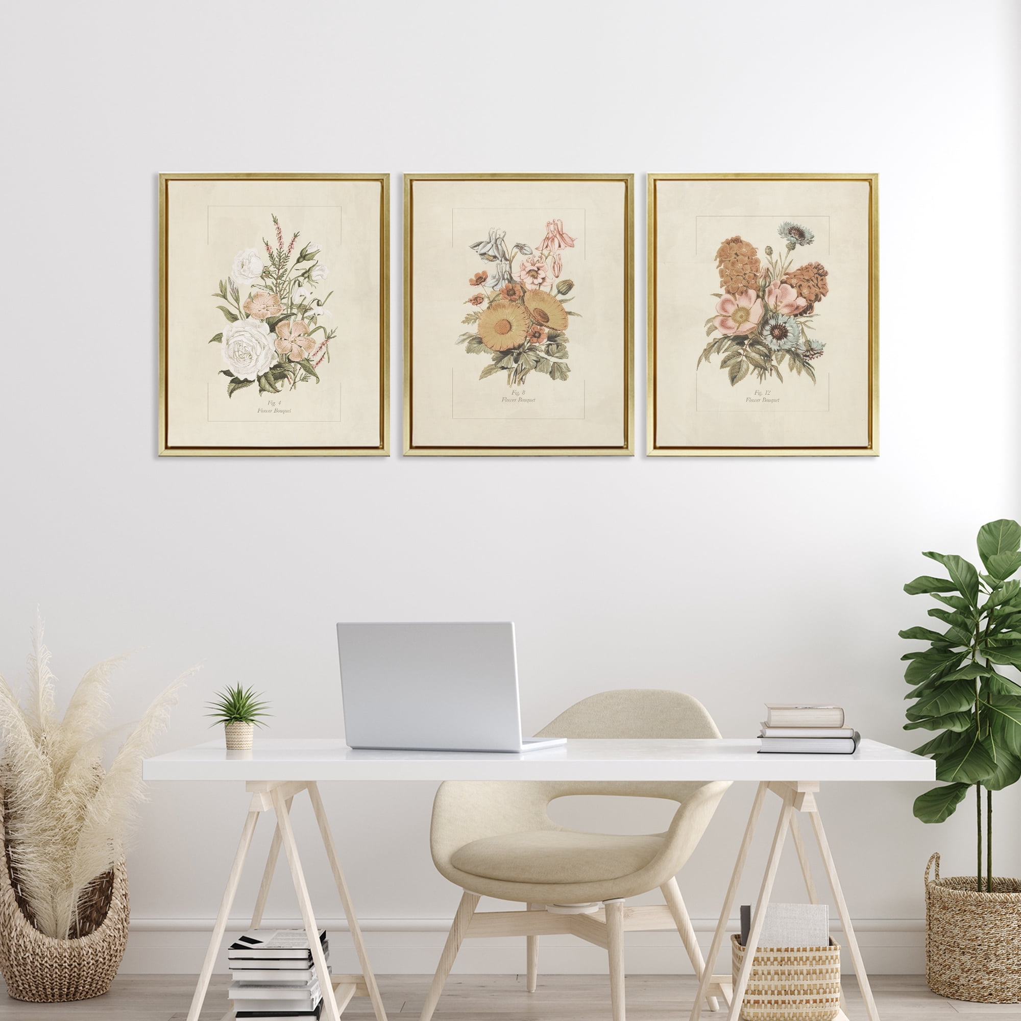 Stupell Industries Neutral Bouquet Studies 3 Piece Gold Framed Floater Canvas Set, design by Dan Meneely