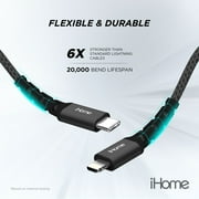 iHome Nylon Braided Lightning to USB-C Cable, Black, 6