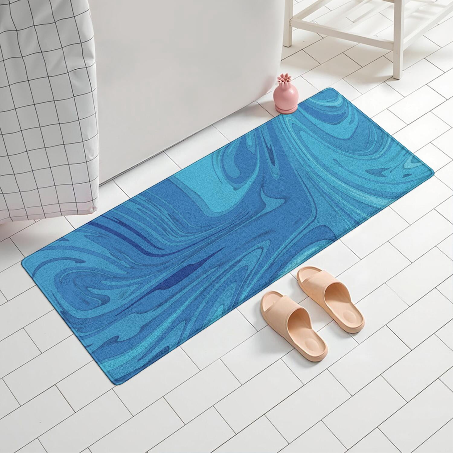 24x60 Inch Ultra Soft Faux Bath Mat Non Slip Absorbent Microfiber Bathroom Rug, Liquid & Marble Print