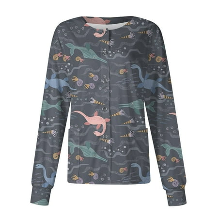 

Sksloeg Scrub-Jackets for Women Jacket Top Cute Comfort Scrubs Women s Cartoon Printed Crew Neck Workwear Shirts Nursing Working Uniform Dark Gray S