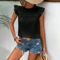 thumbnail image 4 of Fesfesfes Women's Denim-Look Round Neck Tops Casual Solid Color Loose Ruffled Cap Sleeves T-shirt Fashion Buttonless Pullover Summer Blouses(Black,M), 4 of 7