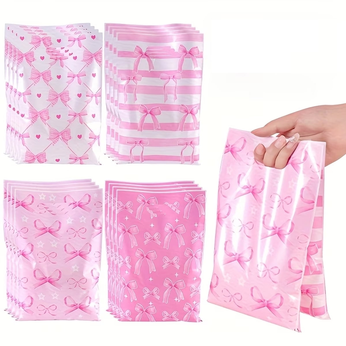 50pcs Pink Bow Plastic Gift Bags | 4 Cute Mixed Party Tote Bags with Handles, Perfect for Birthdays, Weddings, Bridal Showers