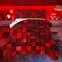 Manfei Modern Geometric Grid Queen Comforter Set,3D Plaid Pattern Bedding Sets,Red Black Bedding Comforter Set For Boys Kids,Microfiber Bedroom Decor Reversible,3-Piece
