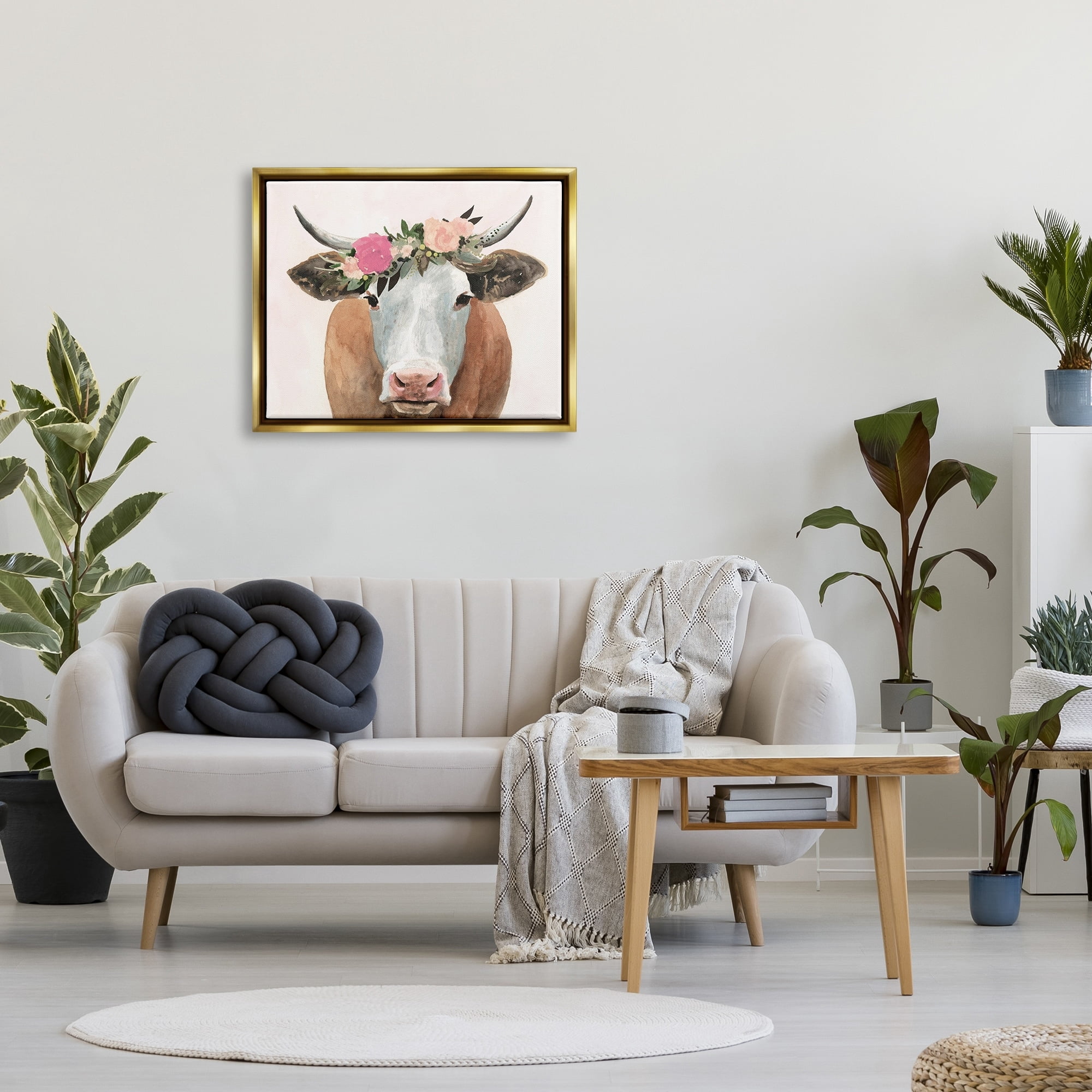 Stupell Industries Springtime Flower Crown Farm Cow with Horns Metallic Gold Framed Floating Canvas Wall Art, 24x30, by Victoria Borges