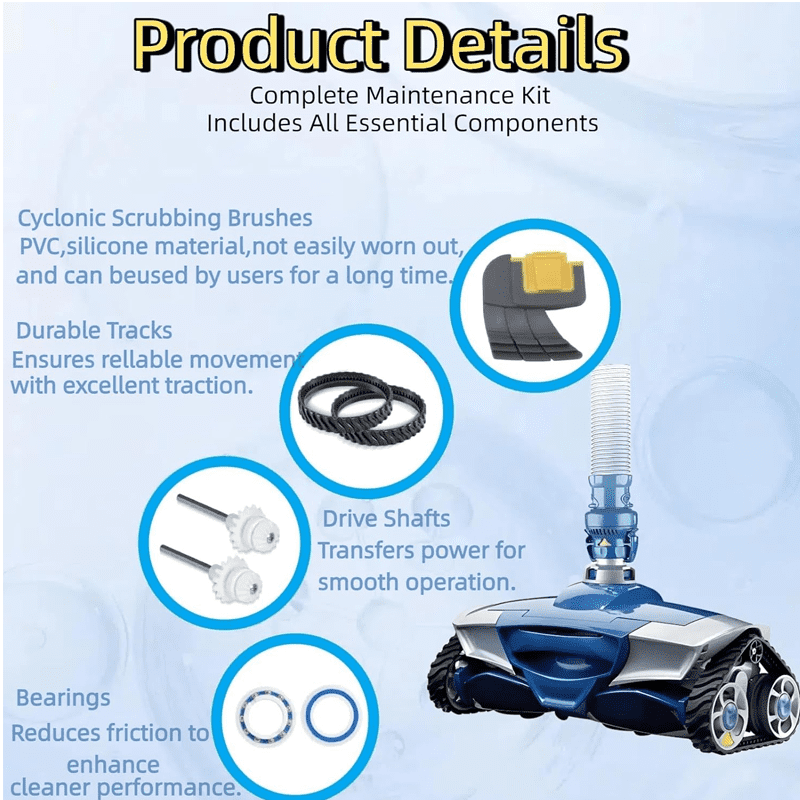 Replacement Pool Cleaner Parts Kit for MX6 MX8 Elite, Rebuild Repair Bundle with R0525100 Drive Shaft, R0527000 Bearings, R0526100 Traction Tracks & Cyclonic Brushes R0714400