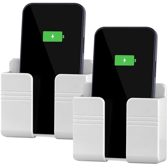 2Pcs Phone Holder Wall Mounted, Phone Stand with Data Cable Receiving Hole/Self Adhesive.Phone Holder for Shower/Charging.Compatible with iPhone and Android (2Pcs-White)