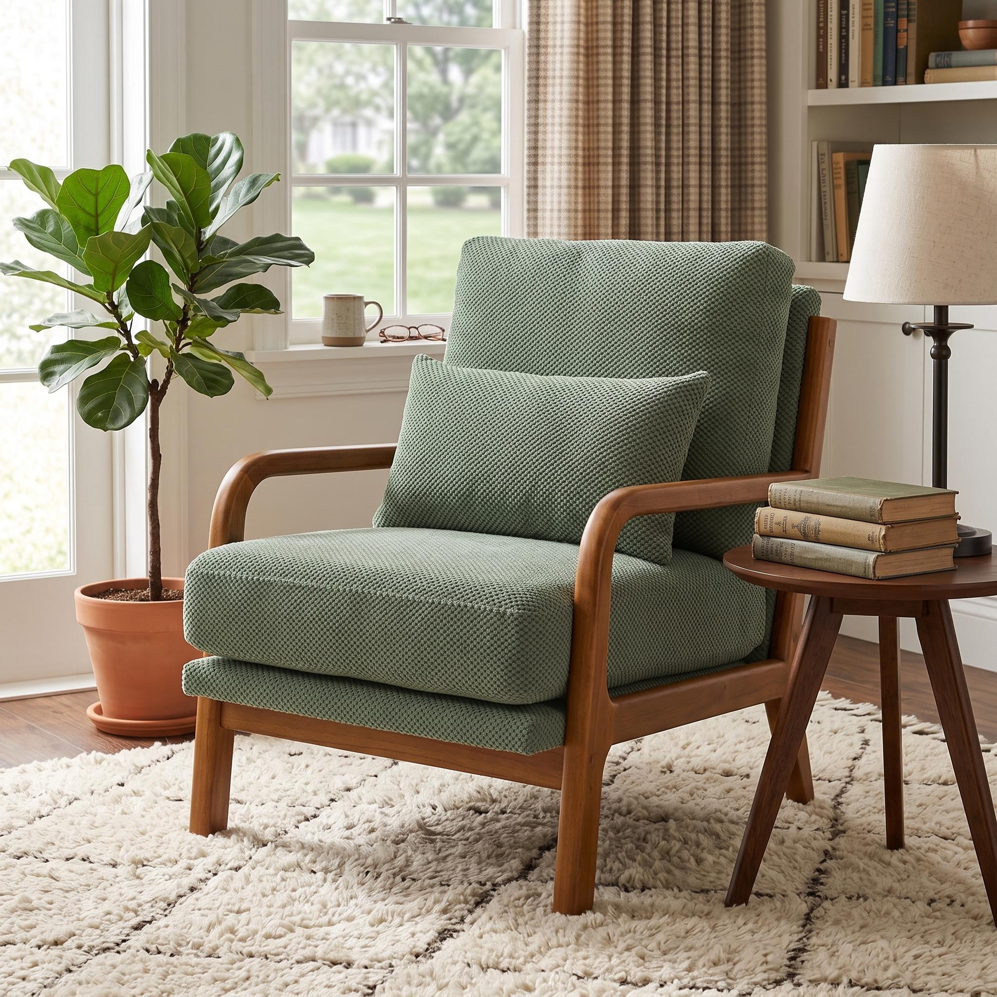 Homy Casa Mid-Century Accent Chair, Comfy Upholstered Reading Chair with Solid Wood Arms, Green