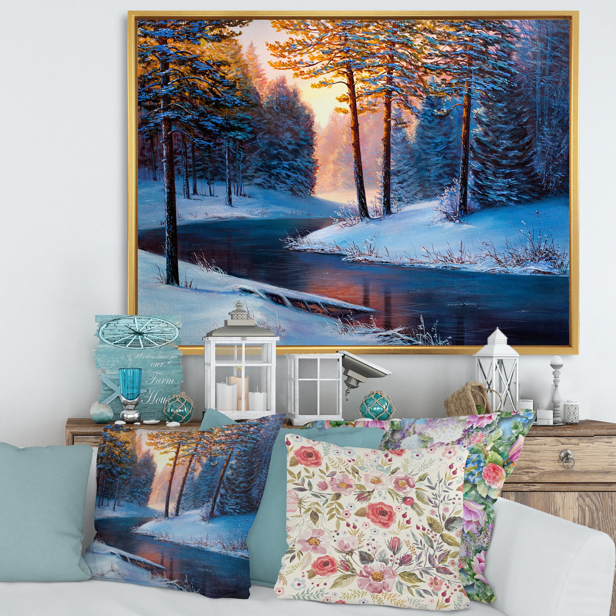 Designart 'Morning Glow Through The Christmas Forest By The River' Lake House Framed Canvas Wall Art Print