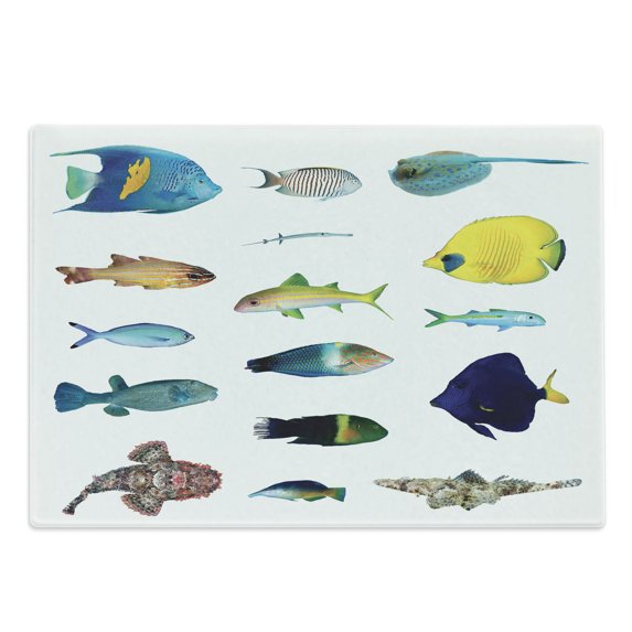 Maritime Cutting Board, Marine Life Creatures with Cardinalfish Clownfish Stingray Exotic Fauna Sea Theme, Decorative Tempered Glass Cutting and Serving Board, Large Size, Multicolor, by Ambesonne