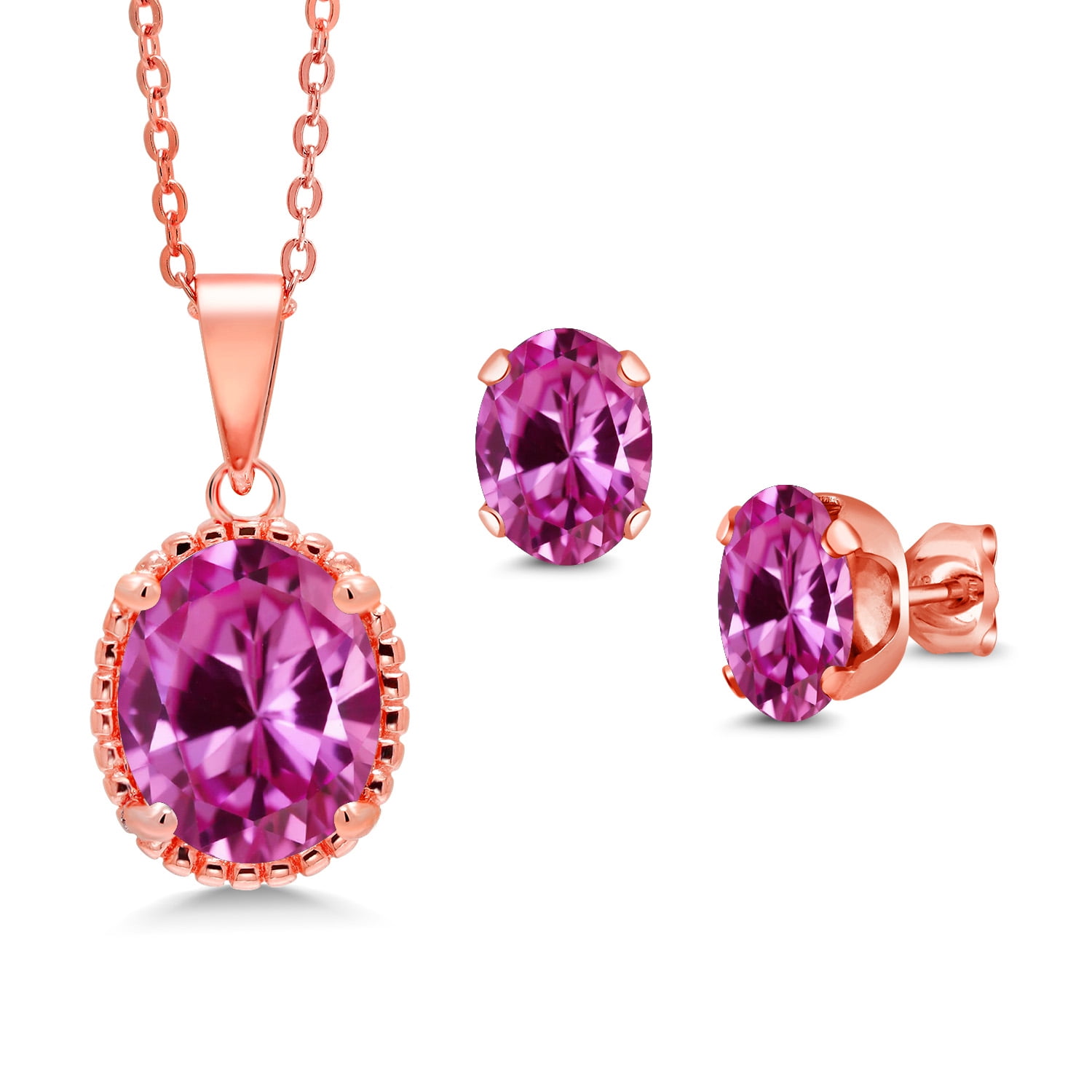 Gem Stone King 7.80 Ct Pink Created Sapphire 18K Rose Gold Plated Silver Pendant and Earrings Jewelry Set