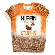 Olyvenn Ladies Fashion Leopard Patchwork T Shirts Blouse Front Knot Women Crew Neck Color Contrast Thanksgiving "huffin for the stuffin" Print Loose Casual Short Sleeve Female Leisure Orange XXL
