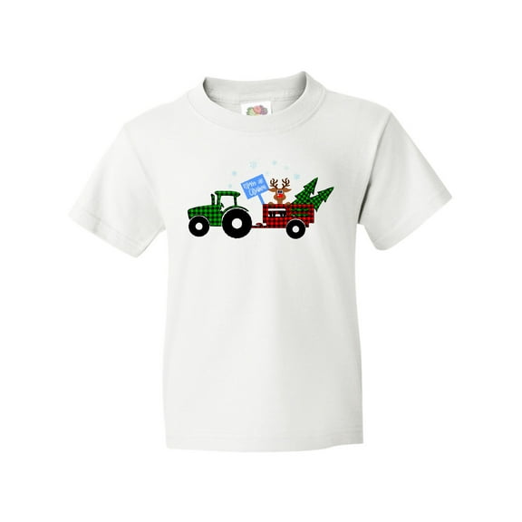 Inktastic Plaid Christmas Tractor With Cute Reindeer Youth T-Shirt