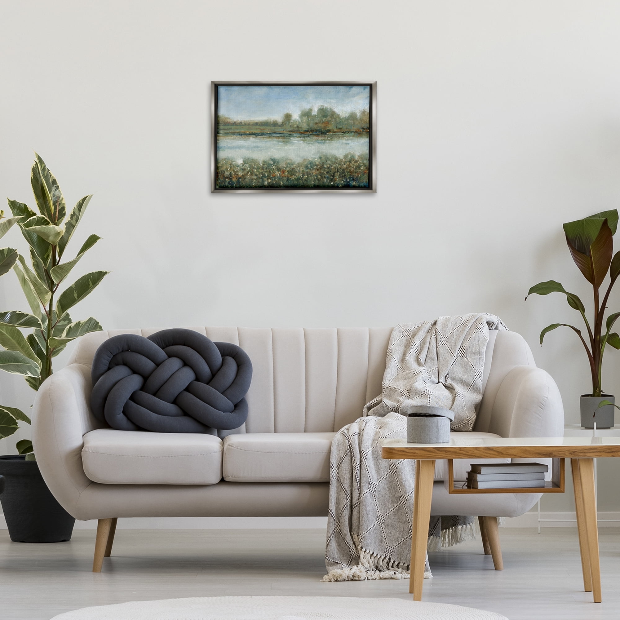 Stupell Industries Vegetation Lining River Landscape & Nature Painting Gray Floater Framed Canvas Art Print Wall Art, 25 x 17