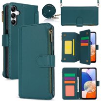 for Samsung Galaxy A15 Crossbody Case, RFID Blocking for Galaxy A15 Case Wallet with Card Holder, Fashion PU Leather Magnetic Flip Zipper Wrist Strap Lanyard Phone Case, Green