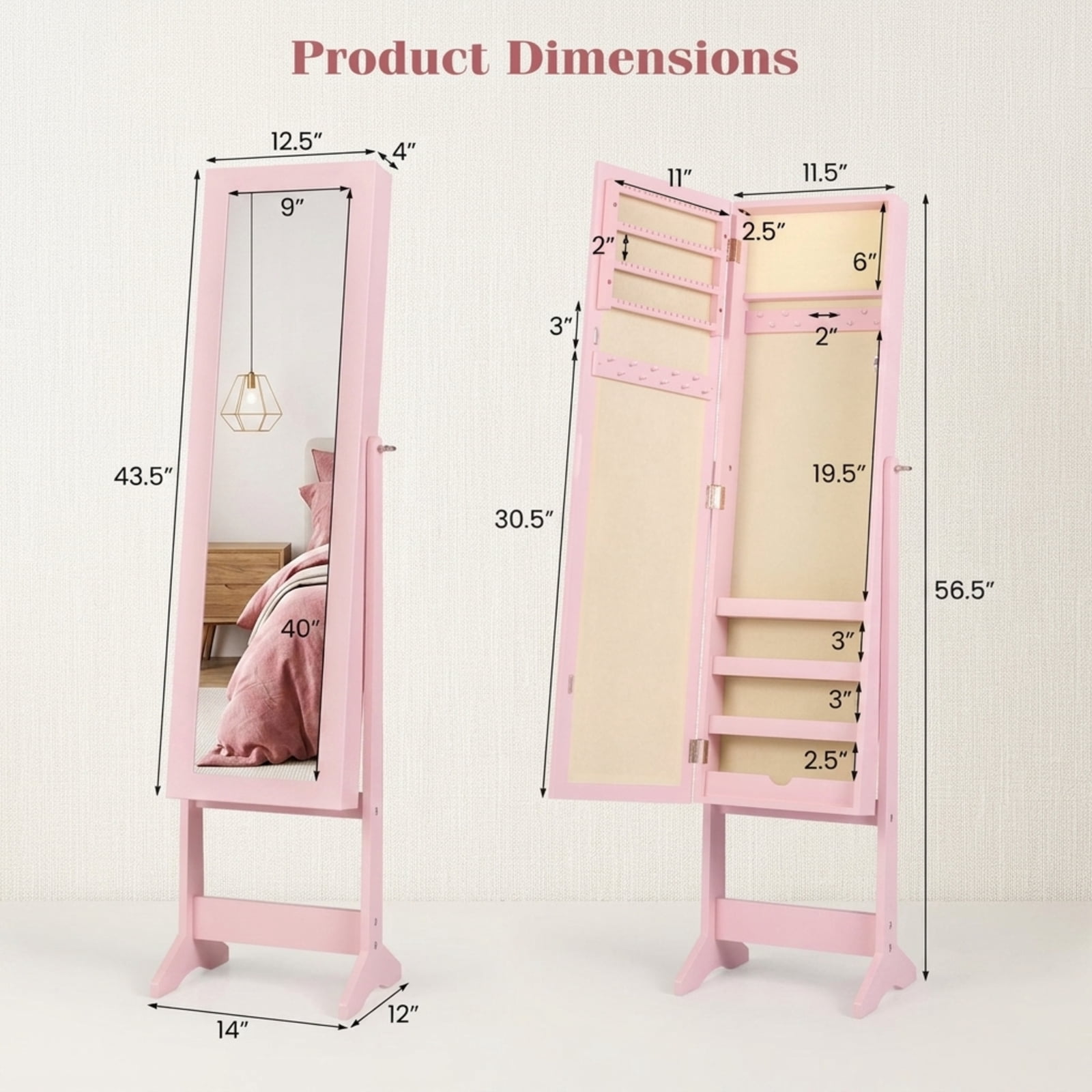 Furnibear Mirrored Standing Jewelry Cabinet Storage Box for Bedroom Dressing Room Jewelry Necklace Rings Storage Mirror, Pink