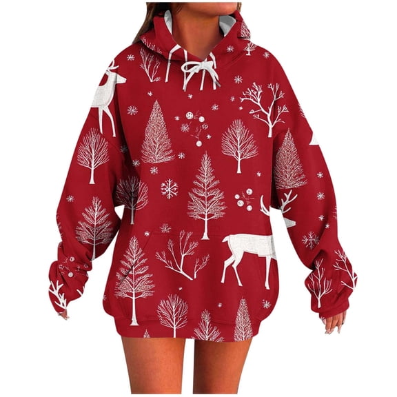 Cmfcve Women's Red Christmas Hoodies Reindeer Print Holiday Pullover Sweatshirt Long Sleeve Drawstring Jacket Top with Pocket