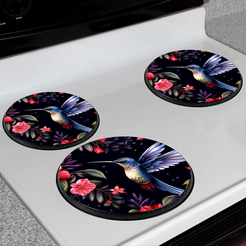Gas Stove Burner Cover Set Of 4,Beautiful Hummingbird Hovers Amidst Vibrant Array Of Colorful Flowers Metal Electric Stove Burner Covers,Protecting Gas Stoves,Kitchen Decor，8 Inch And 10 Inch