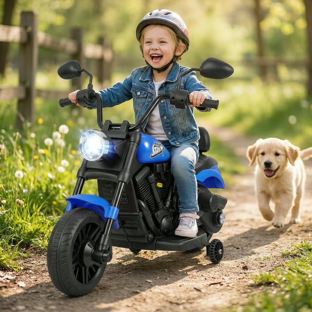 Gymax Moto pour Enfants avec Phare, Musique, Roues Stabilisatrices, Pédale pour Garçons et Filles, Bleu Marine