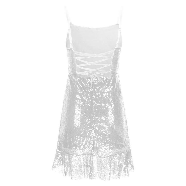 Fartey Sequin Homecoming Dresses for Women 2025 Irregular Ruffle Hem Mini  Dress Spaghetti Straps Backless Cocktail Gowns Slim Fit Sleeveless Bodycon  Dress White S-XL