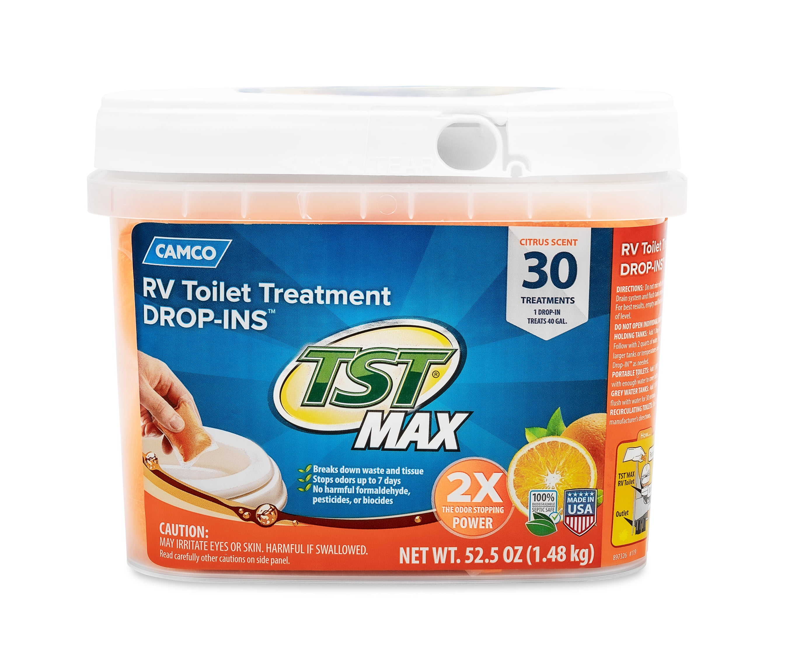 Camco TST MAX RV Toilet Treatment Drop-INs | Features an Ultra-Concentrated Formula, Orange Citrus Scent, is Septic Safe, and is Ideal for RVs, Campers, Travel Trailers, Boats, and More (41183)