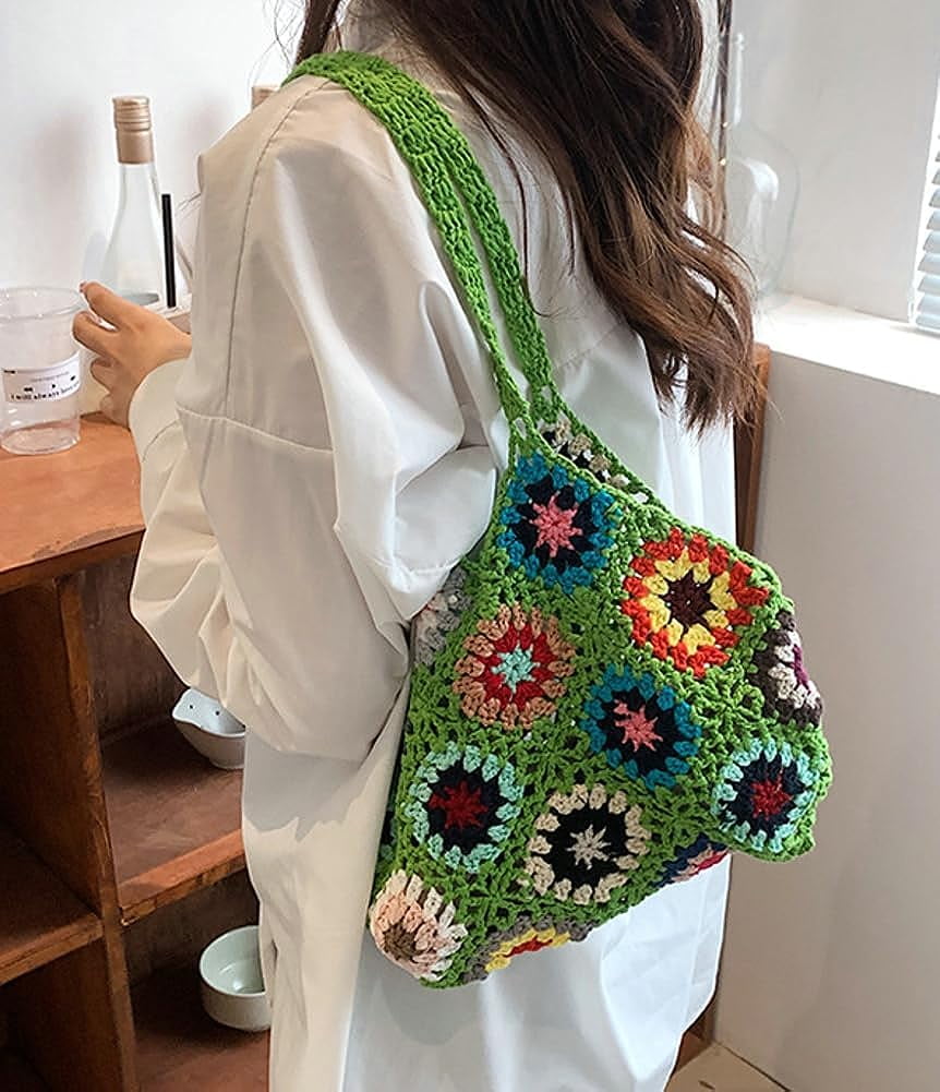 Kukuzhu Cute Floral Knitted Shoulder Bag Women Fairy Y2k Hobo Bag Crochet Small Hand Woven Beach Mesh Tote Purse